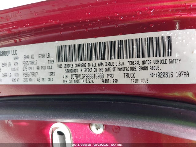 2011 RAM 1500 SLT VIN: 1D7RV1GP0BS616098