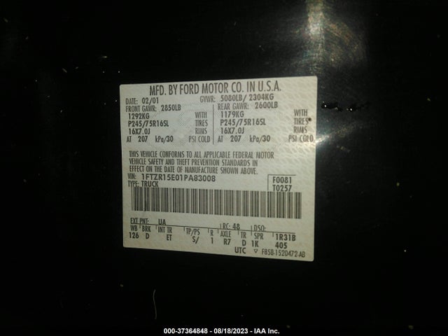2001 FORD RANGER XL VIN: 1FTZR15E01PA83008