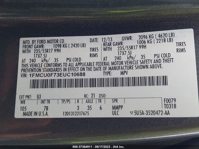 2014 FORD ESCAPE S VIN: 1FMCU0F73EUC10688