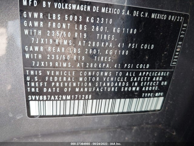 3VV8B7AX2NM171288 Volkswagen Tiguan Se R-line Black