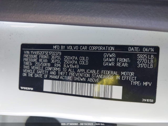2014 VOLVO XC90 R DESIGN VIN: YV4952CF5E1702379