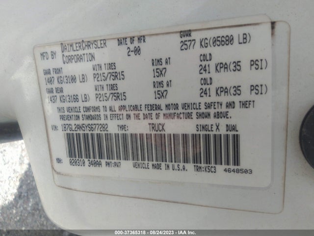 2000 DODGE DAKOTA SPORT/SLT VIN: 1B7GL2AN5YS677282