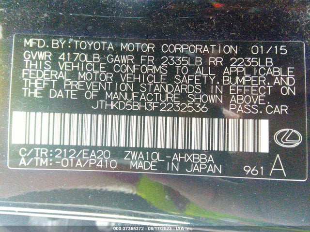 JTHKD5BH3F2232536 Lexus Ct 200h Hybrid