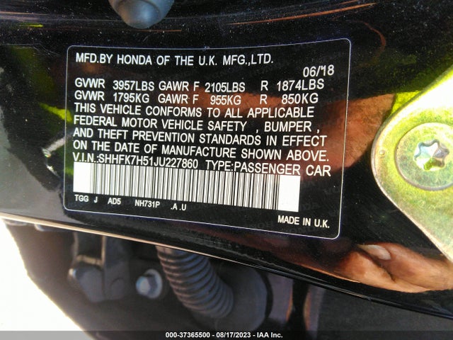 Honda Civic Hatchback Ex 2018 SHHFK7H51JU227860 Image 9