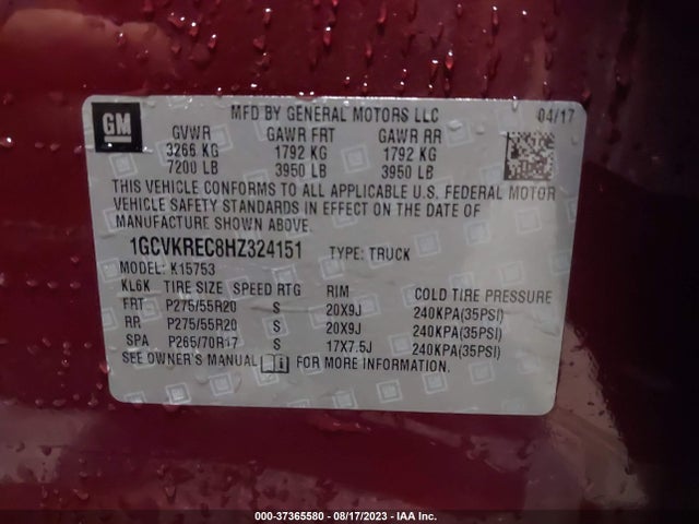2017 CHEVROLET SILVERADO 1500 LT VIN: 1GCVKREC8HZ324151