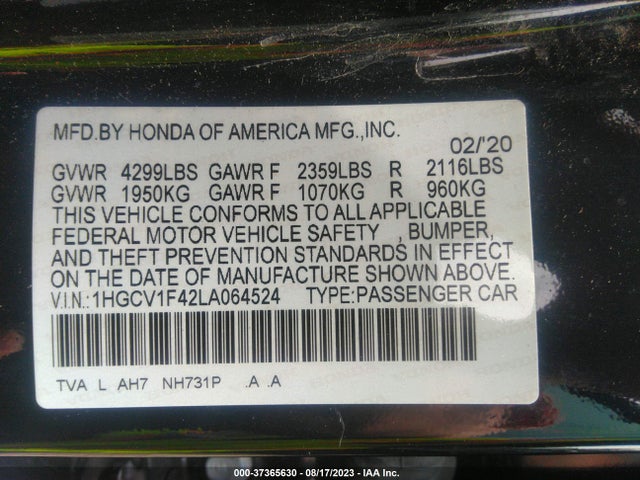 2020 HONDA ACCORD SEDAN EX VIN: 1HGCV1F42LA064524