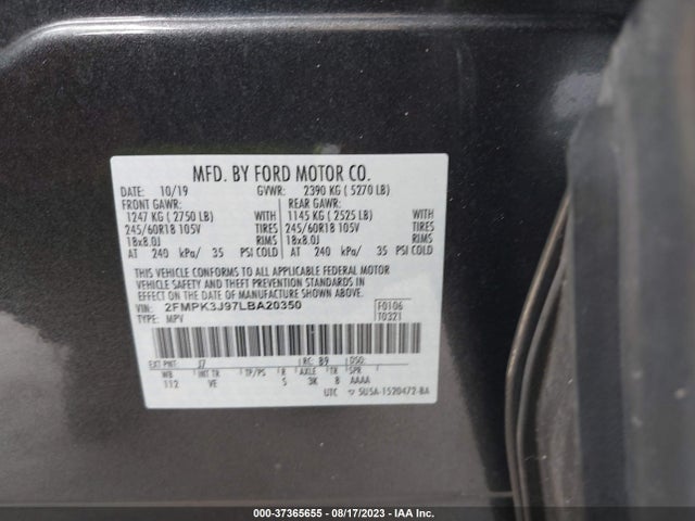 2020 FORD EDGE SEL VIN: 2FMPK3J97LBA20350
