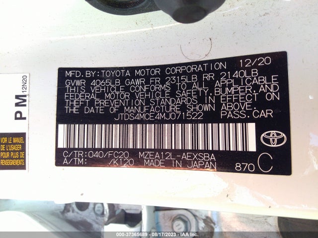 2021 TOYOTA COROLLA SE/NIGHTSHADE/APEX SE VIN: JTDS4MCE4MJ071522