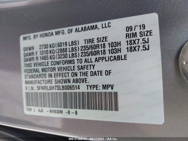 2020 HONDA ODYSSEY EX-L VIN: 5FNRL6H73LB006514