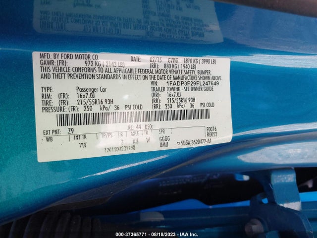2015 FORD FOCUS SE VIN: 1FADP3F29FL247649