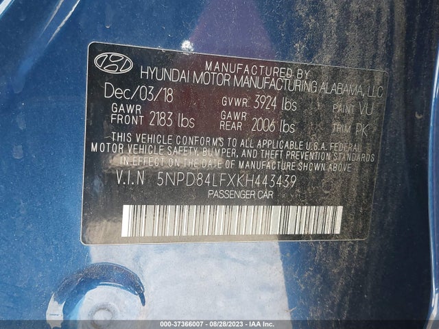2019 HYUNDAI ELANTRA SEL VIN: 5NPD84LFXKH443439