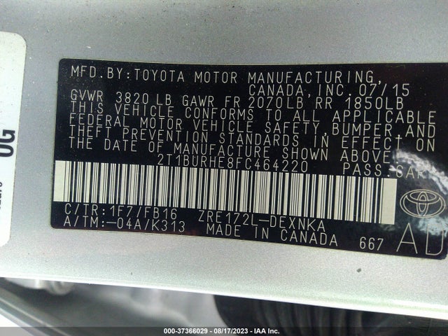2015 TOYOTA COROLLA L/LE/S/S PLUS/LE PLUS VIN: 2T1BURHE8FC464220