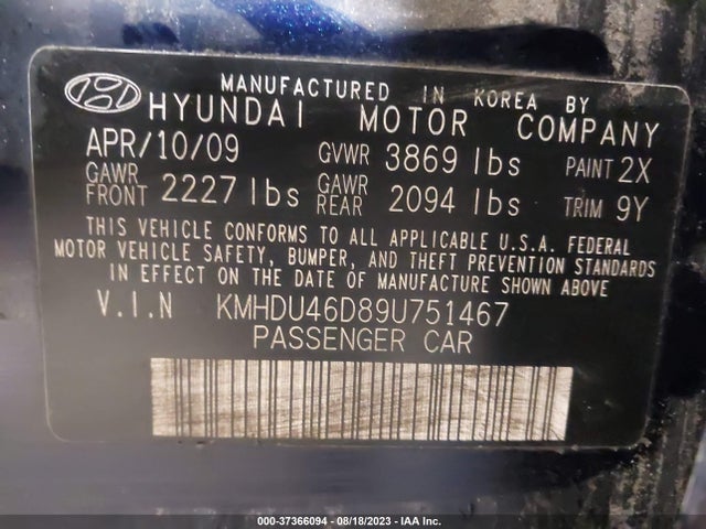 2009 HYUNDAI ELANTRA GLS PZEV VIN: KMHDU46D89U751467