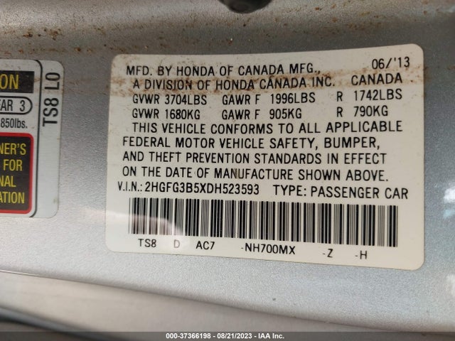 2013 HONDA CIVIC CPE LX VIN: 2HGFG3B5XDH523593
