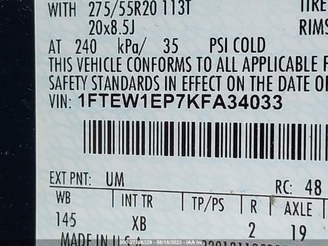 2019 FORD F-150 XL/XLT/LARIAT VIN: 1FTEW1EP7KFA34033