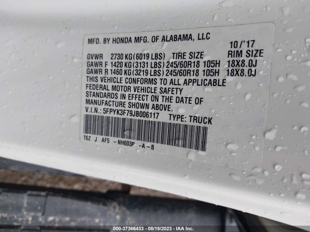 Honda Ridgeline Rtl-e 2018 5FPYK3F79JB006117 Image 9