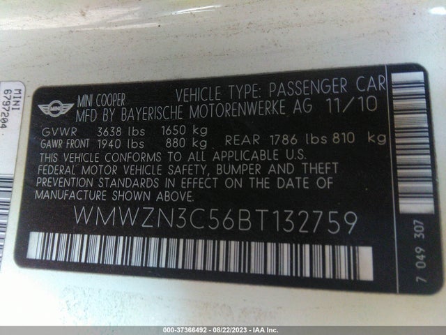 2011 MINI COOPER WMWZN3C56BT132759 Photo 8