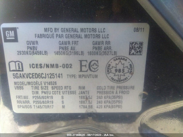 2012 BUICK ENCLAVE LEATHER VIN: 5GAKVCED6CJ125141