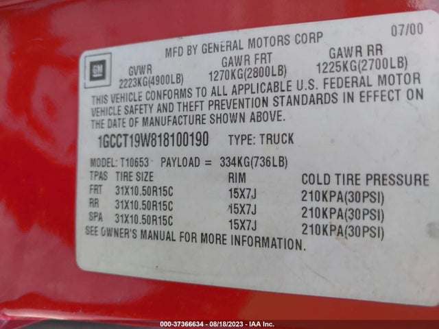 2001 CHEVROLET S-10 LS W/ZR2 VIN: 1GCCT19W818100190