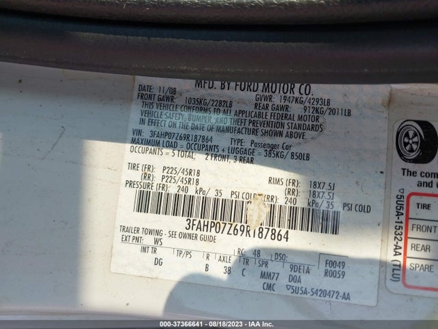 2009 FORD FUSION SE VIN: 3FAHP07Z69R187864