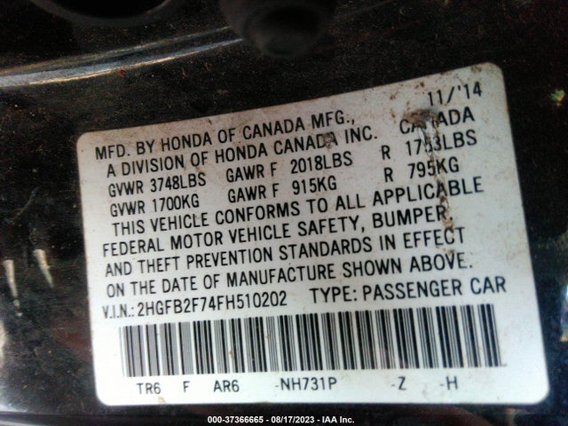 Honda Civic Sedan Se 2015 2HGFB2F74FH510202 Image 9