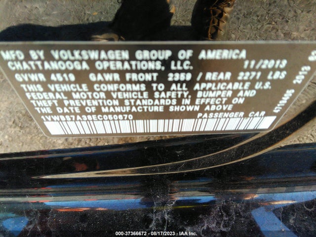 1VWBS7A38EC050670 Volkswagen Passat Se W/sunroof