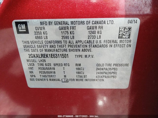 GMC Terrain Sle 2014 2GKALREK1E6311501 Image 9