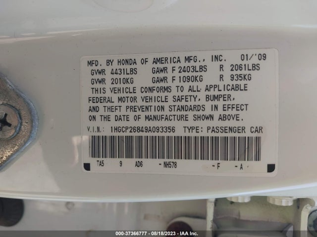 2009 HONDA ACCORD SDN EX-L VIN: 1HGCP26849A093356