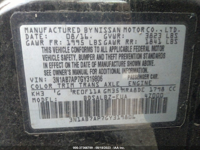 2016 NISSAN SENTRA S VIN: 3N1AB7AP7GY319806