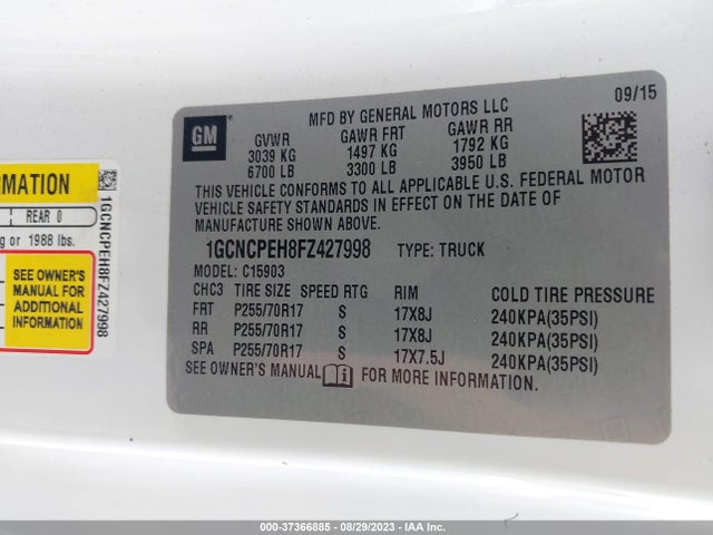 2015 CHEVROLET SILVERADO 1500 WORK TRUCK VIN: 1GCNCPEH8FZ427998