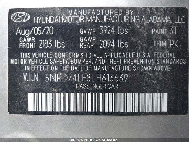 2020 HYUNDAI ELANTRA SE VIN: 5NPD74LF8LH613639