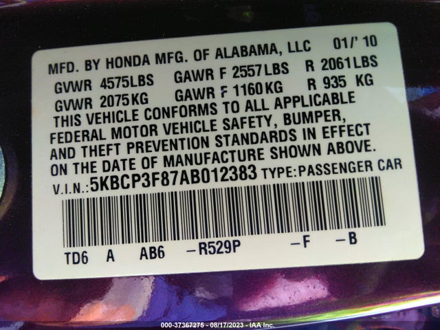 2010 HONDA ACCORD SDN EX-L VIN: 5KBCP3F87AB012383
