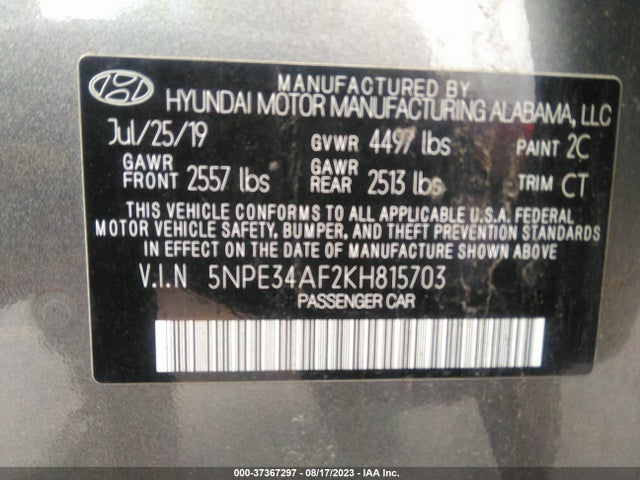 37367297 :رقم المزاد ، 5NPE34AF2KH815703 vin ، 2019 Hyundai Sonata Sel مزاد بيع