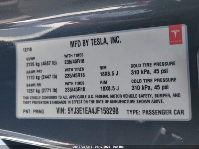 Tesla Model 3 Range Battery 2018 5YJ3E1EA4JF158298 Image 9
