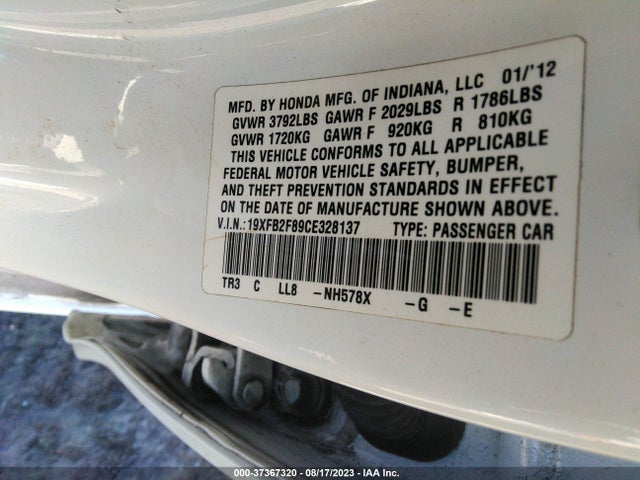 2012 HONDA CIVIC SDN EX VIN: 19XFB2F89CE328137