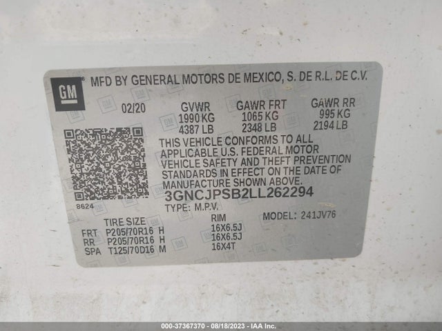 Chevrolet Trax Lt 2020 3GNCJPSB2LL262294 Image 9