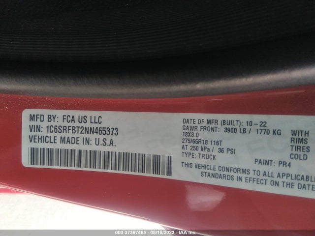 1C6SRFBT2NN465373 RAM 1500 Big Horn