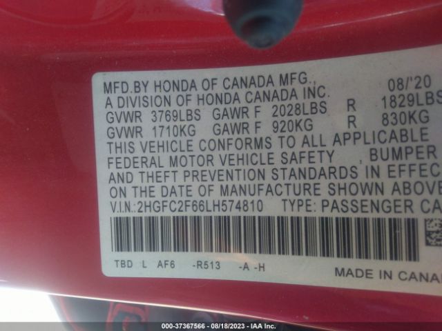 2HGFC2F66LH574810 Honda Civic Sedan Lx