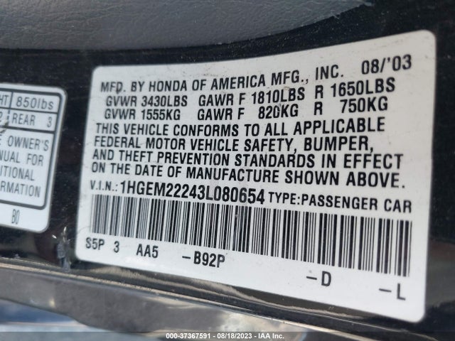 2003 HONDA CIVIC DX VIN: 1HGEM22243L080654