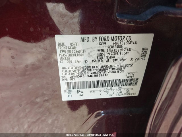 2011 FORD EDGE SEL VIN: 2FMDK3JC4BBB29913
