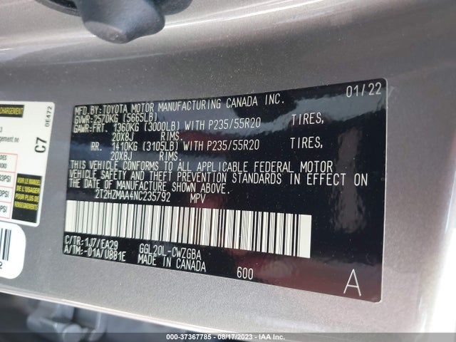 2T2HZMAA4NC235792 Lexus Rx Rx 350