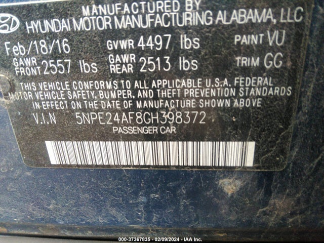 Hyundai Sonata 2016 5NPE24AF8GH398372 Image 9