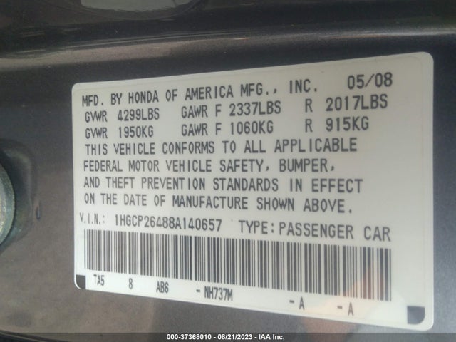 2008 HONDA ACCORD SDN LX-P VIN: 1HGCP26488A140657