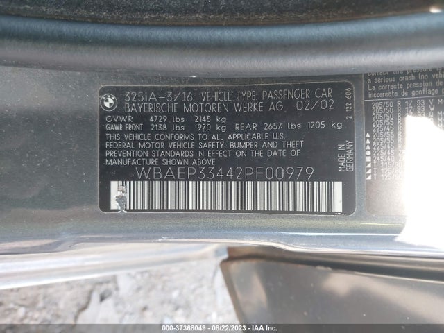 2002 BMW 3 SERIES 325XI VIN: WBAEP33442PF00979