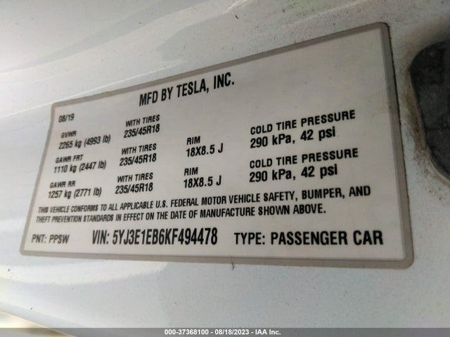 Tesla Model 3 Long Range/performance 2019 5YJ3E1EB6KF494478 Image 9