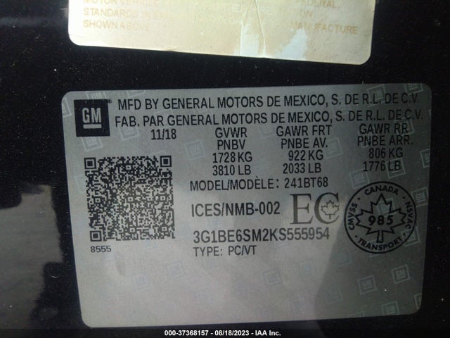 Chevrolet CRUZE LT 2019 3G1BE6SM2KS555954 Image 9