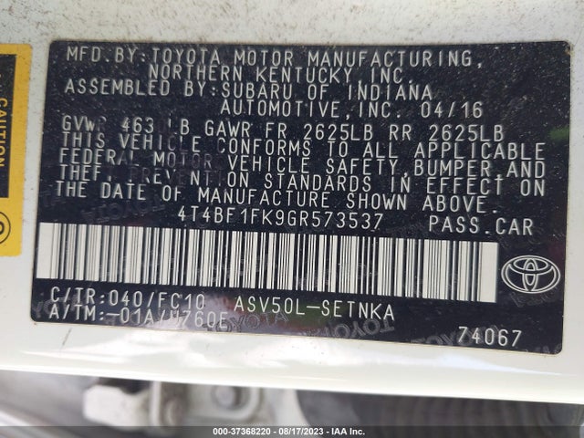 2016 TOYOTA CAMRY XLE/SE/LE/XSE VIN: 4T4BF1FK9GR573537