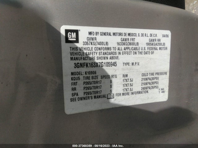 37368359 :رقم المزاد ، 3GNFK163X7G105945 vin ، 2007 Chevrolet Suburban Lt مزاد بيع