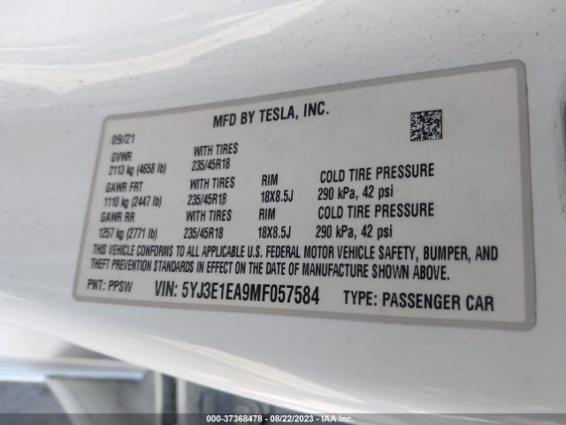5YJ3E1EA9MF057584 Tesla Model 3 Standard Range Plus