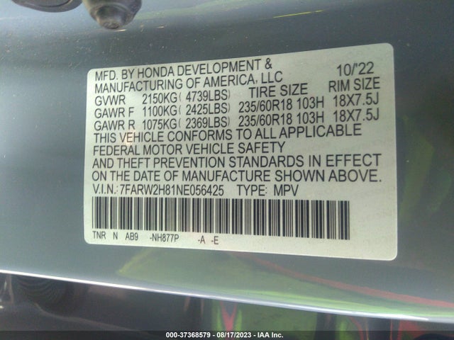 2022 Honda CR-V, VIN: 7FARW2H81NE056425